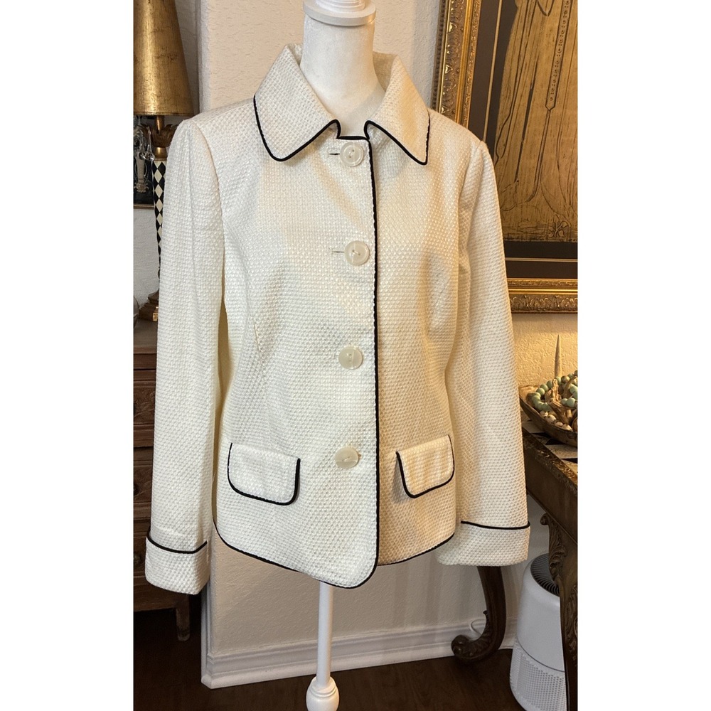 Dennis Basso Signature Women's Ivory Textured Blazer Jacket Small Black Trim NWT